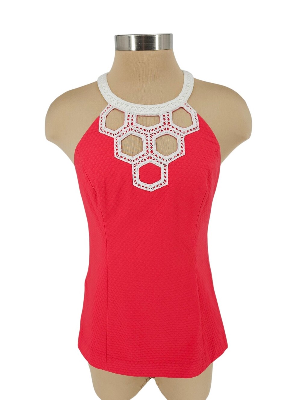 Lilly Pulitzer Annabelle Halter Tank Top Coral Sleeveless Honeycomb Cutout 6